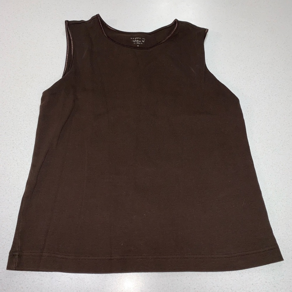 Christopher & Banks Med Brown Sleeveless Crew Neck Satin Trim Perfect Tank